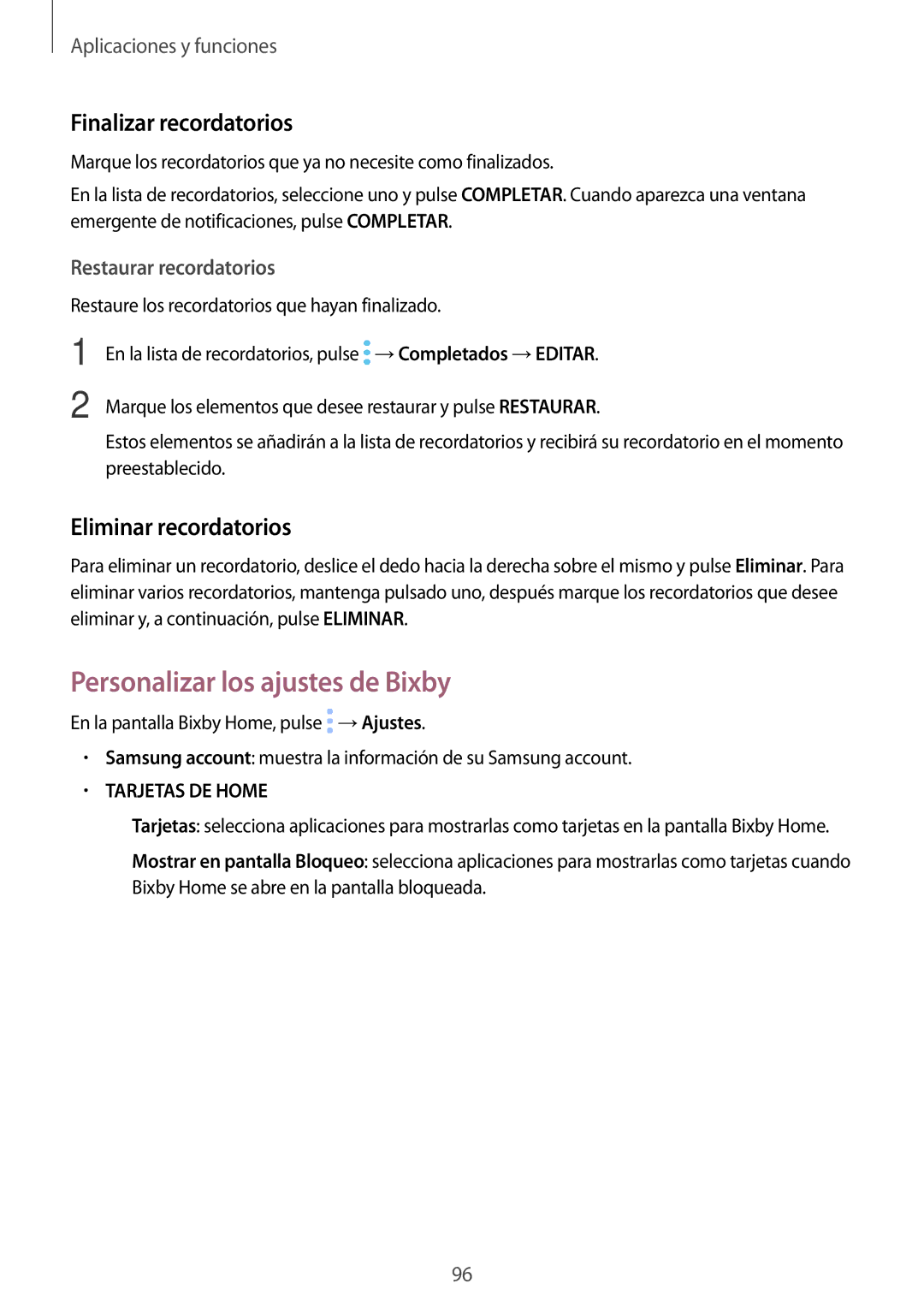 Samsung SM-N950FZKDPHE, SM-N950FZDDPHE Personalizar los ajustes de Bixby, Finalizar recordatorios, Eliminar recordatorios 