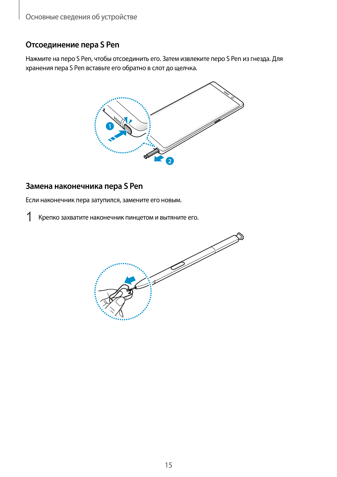 Samsung SM-N950FZKDSEB, SM-N950FZDDSEB, SM-N950FZDDSER manual Отсоединение пера S Pen, Замена наконечника пера S Pen 