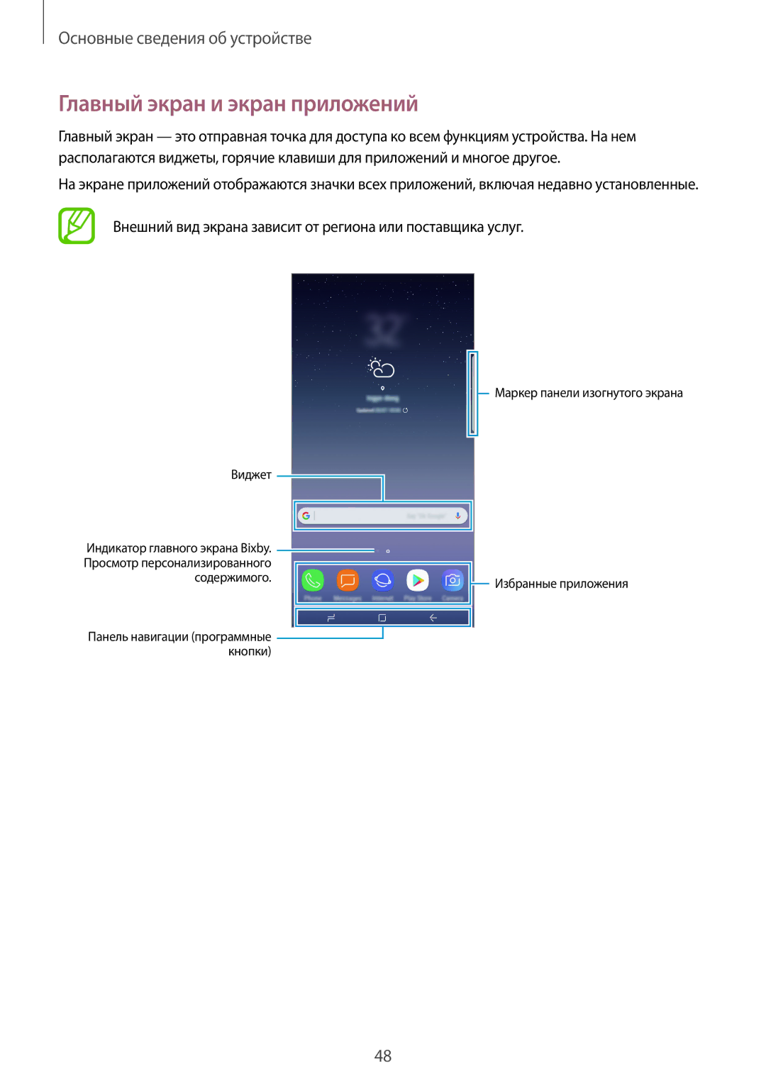 Samsung SM-N950FZKDSER manual Главный экран и экран приложений, Внешний вид экрана зависит от региона или поставщика услуг 