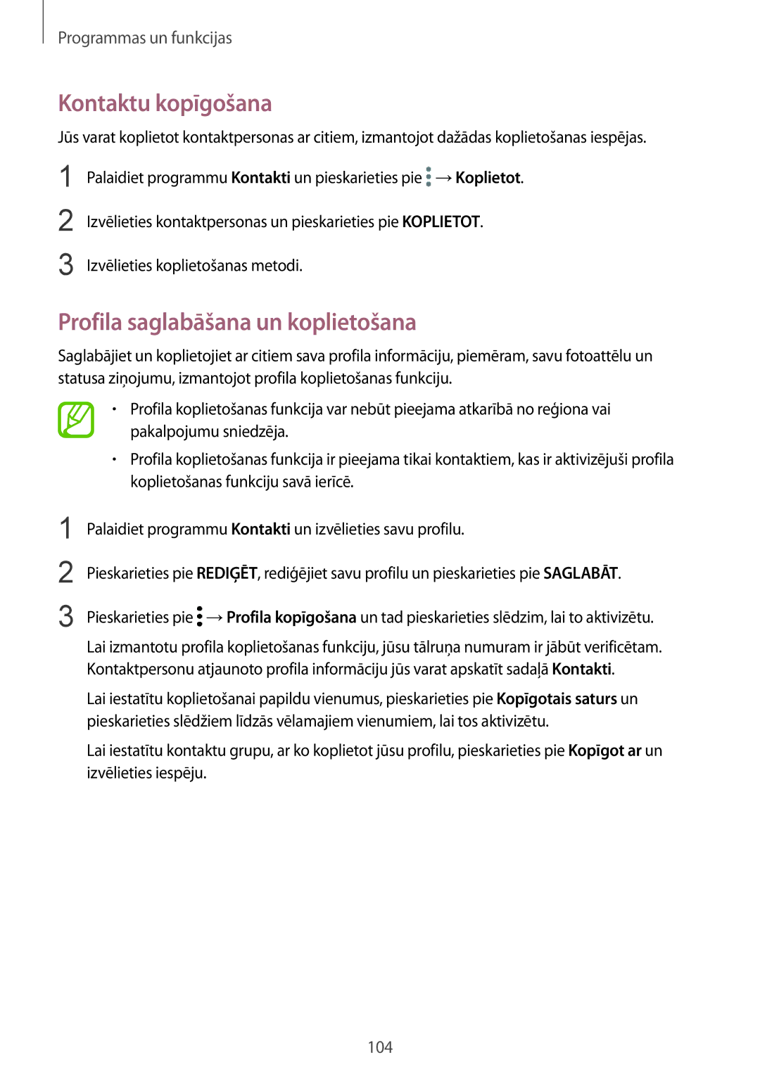 Samsung SM-N950FZKDSEB, SM-N950FZDDSEB manual Kontaktu kopīgošana, Profila saglabāšana un koplietošana 