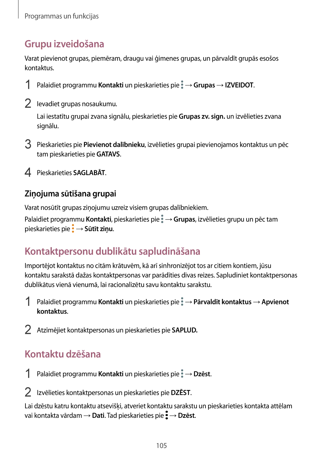 Samsung SM-N950FZDDSEB, SM-N950FZKDSEB manual Grupu izveidošana, Kontaktpersonu dublikātu sapludināšana, Kontaktu dzēšana 