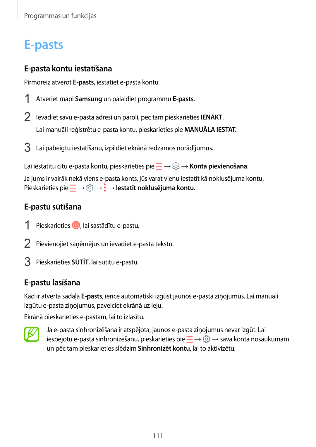 Samsung SM-N950FZDDSEB, SM-N950FZKDSEB manual Pasts, Pasta kontu iestatīšana, Pastu sūtīšana, Pastu lasīšana 