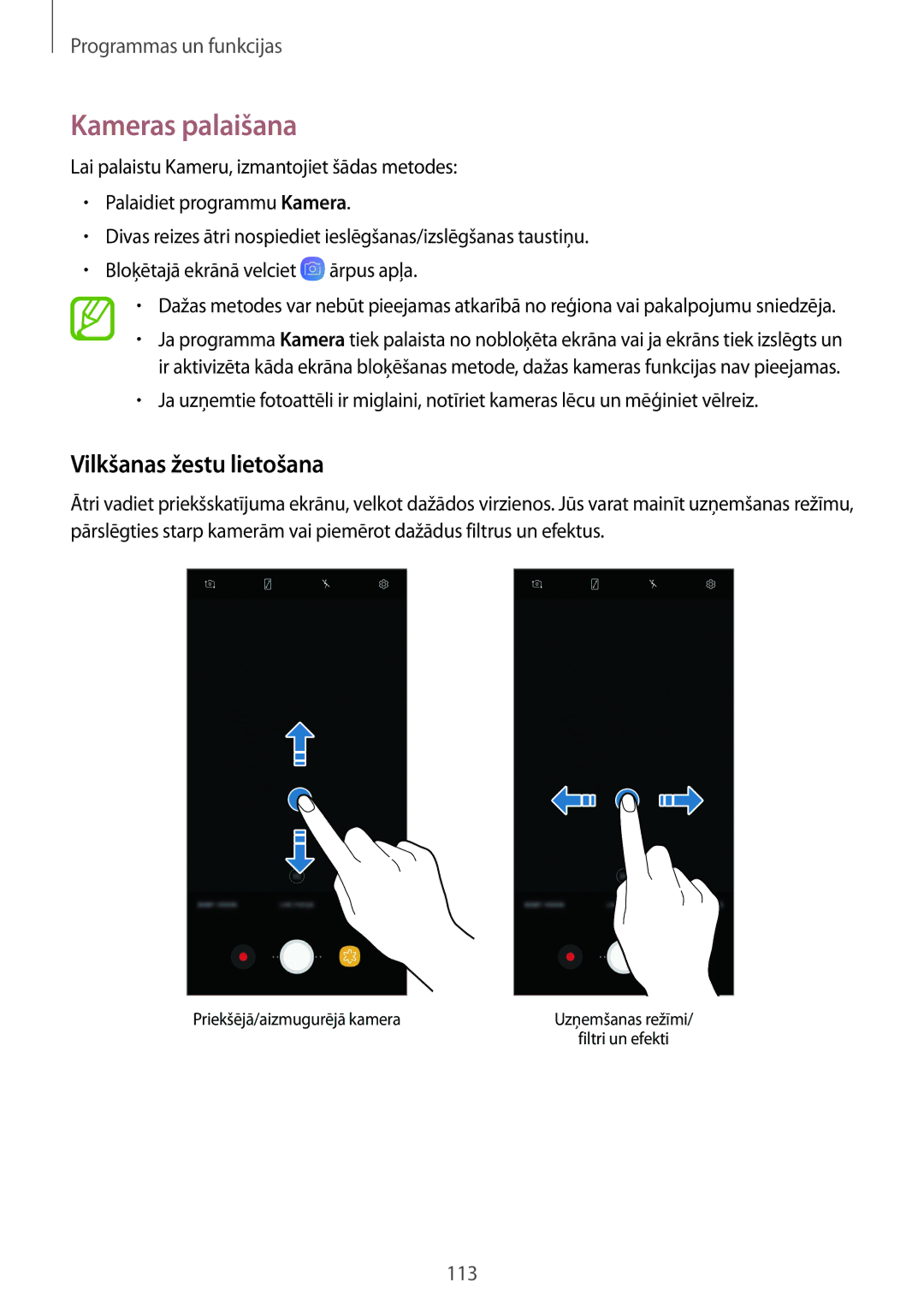 Samsung SM-N950FZDDSEB, SM-N950FZKDSEB manual Kameras palaišana, Vilkšanas žestu lietošana 