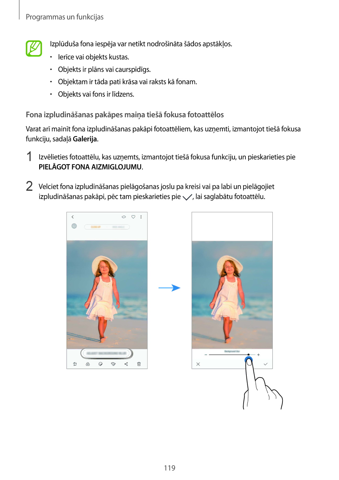 Samsung SM-N950FZDDSEB manual Fona izpludināšanas pakāpes maiņa tiešā fokusa fotoattēlos, Pielāgot Fona Aizmiglojumu 