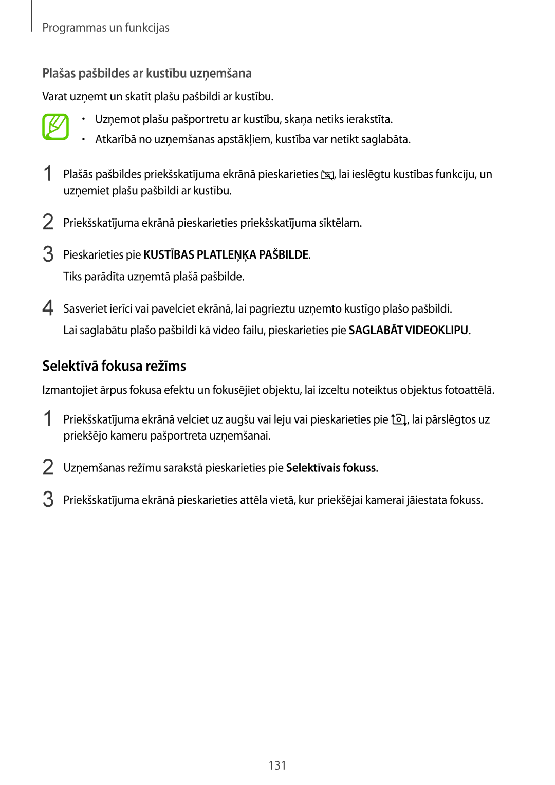 Samsung SM-N950FZDDSEB, SM-N950FZKDSEB manual Selektīvā fokusa režīms, Plašas pašbildes ar kustību uzņemšana 