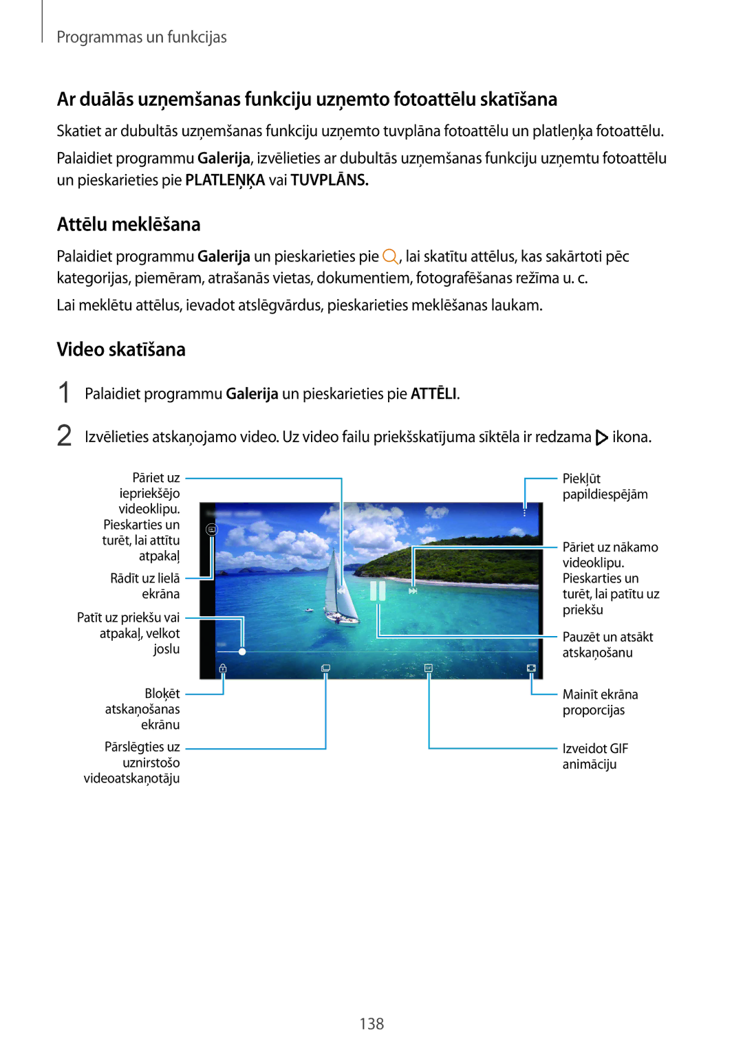 Samsung SM-N950FZKDSEB manual Ar duālās uzņemšanas funkciju uzņemto fotoattēlu skatīšana, Attēlu meklēšana, Video skatīšana 
