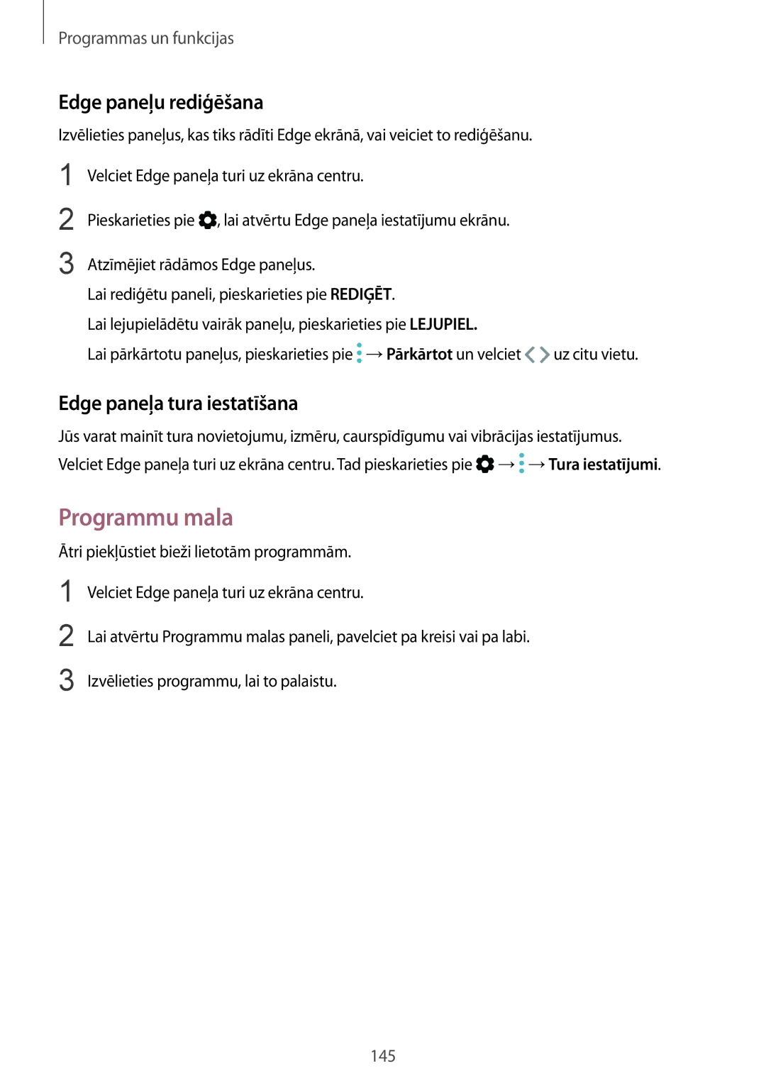 Samsung SM-N950FZDDSEB, SM-N950FZKDSEB manual Programmu mala, Edge paneļu rediģēšana, Edge paneļa tura iestatīšana 