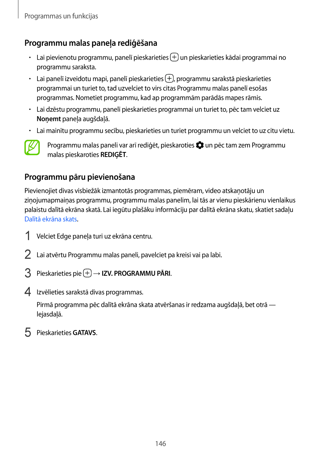Samsung SM-N950FZKDSEB, SM-N950FZDDSEB manual Programmu malas paneļa rediģēšana, Programmu pāru pievienošana 