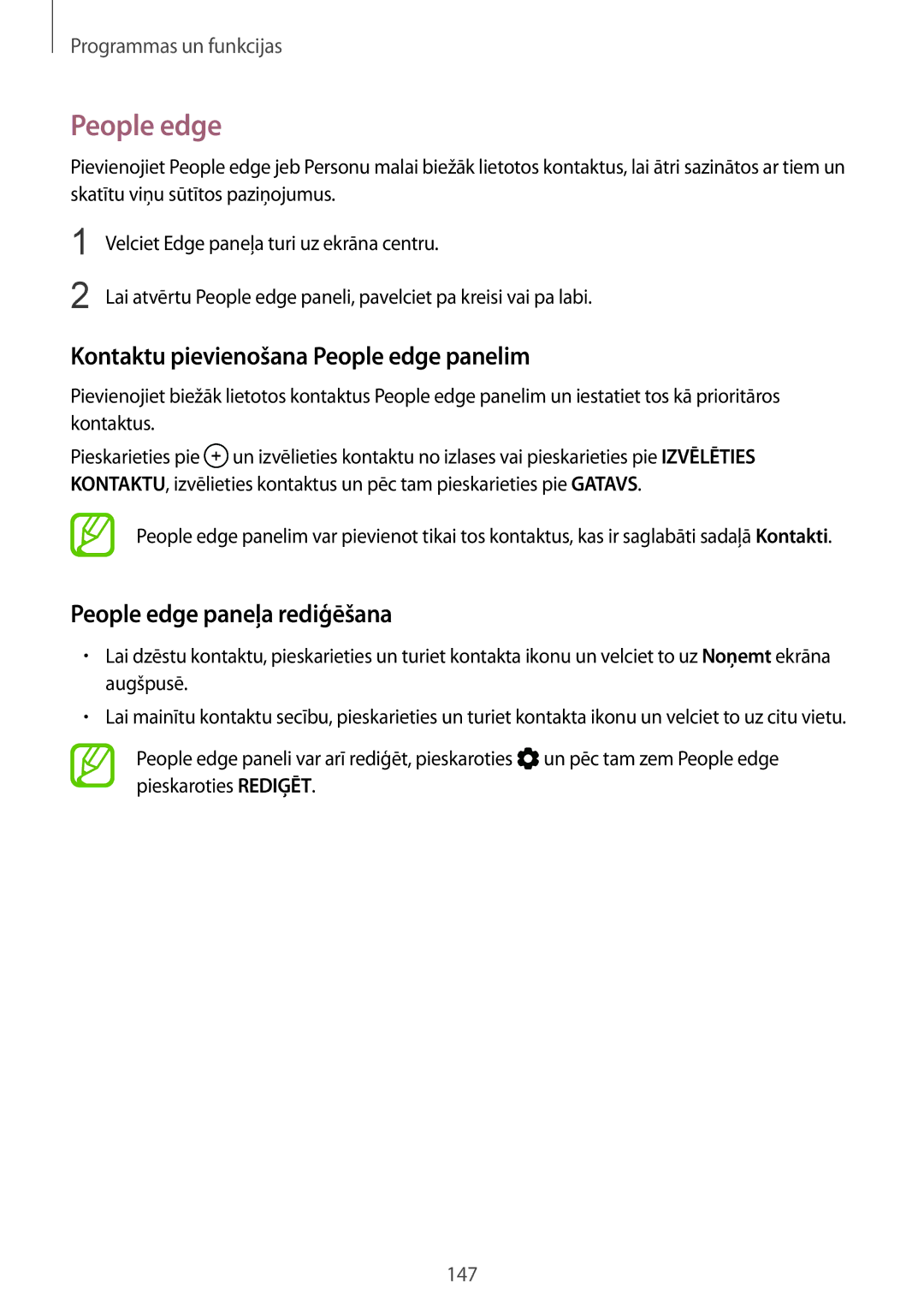 Samsung SM-N950FZDDSEB, SM-N950FZKDSEB manual Kontaktu pievienošana People edge panelim, People edge paneļa rediģēšana 