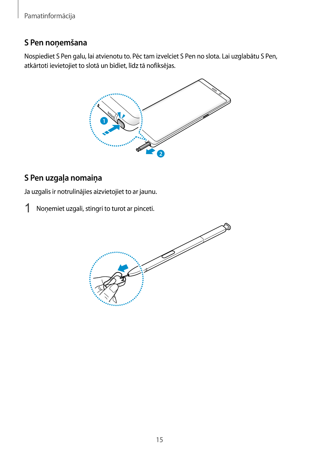 Samsung SM-N950FZDDSEB, SM-N950FZKDSEB manual Pen noņemšana, Pen uzgaļa nomaiņa 