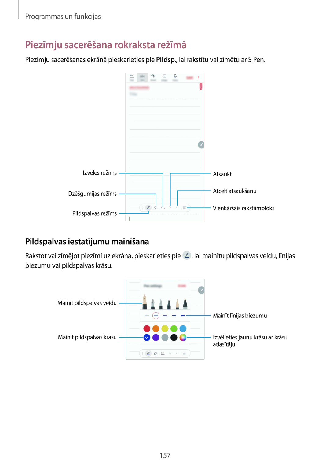 Samsung SM-N950FZDDSEB, SM-N950FZKDSEB manual Piezīmju sacerēšana rokraksta režīmā, Pildspalvas iestatījumu mainīšana 