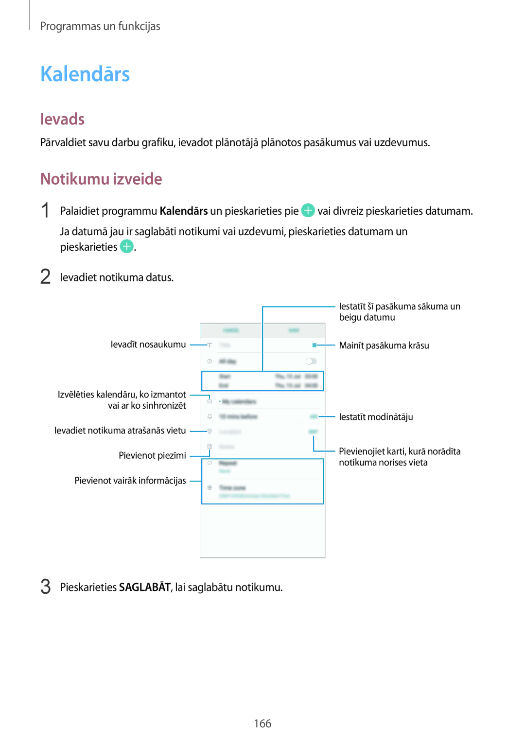 Samsung SM-N950FZKDSEB, SM-N950FZDDSEB manual Kalendārs, Notikumu izveide, Pieskarieties Ievadiet notikuma datus 