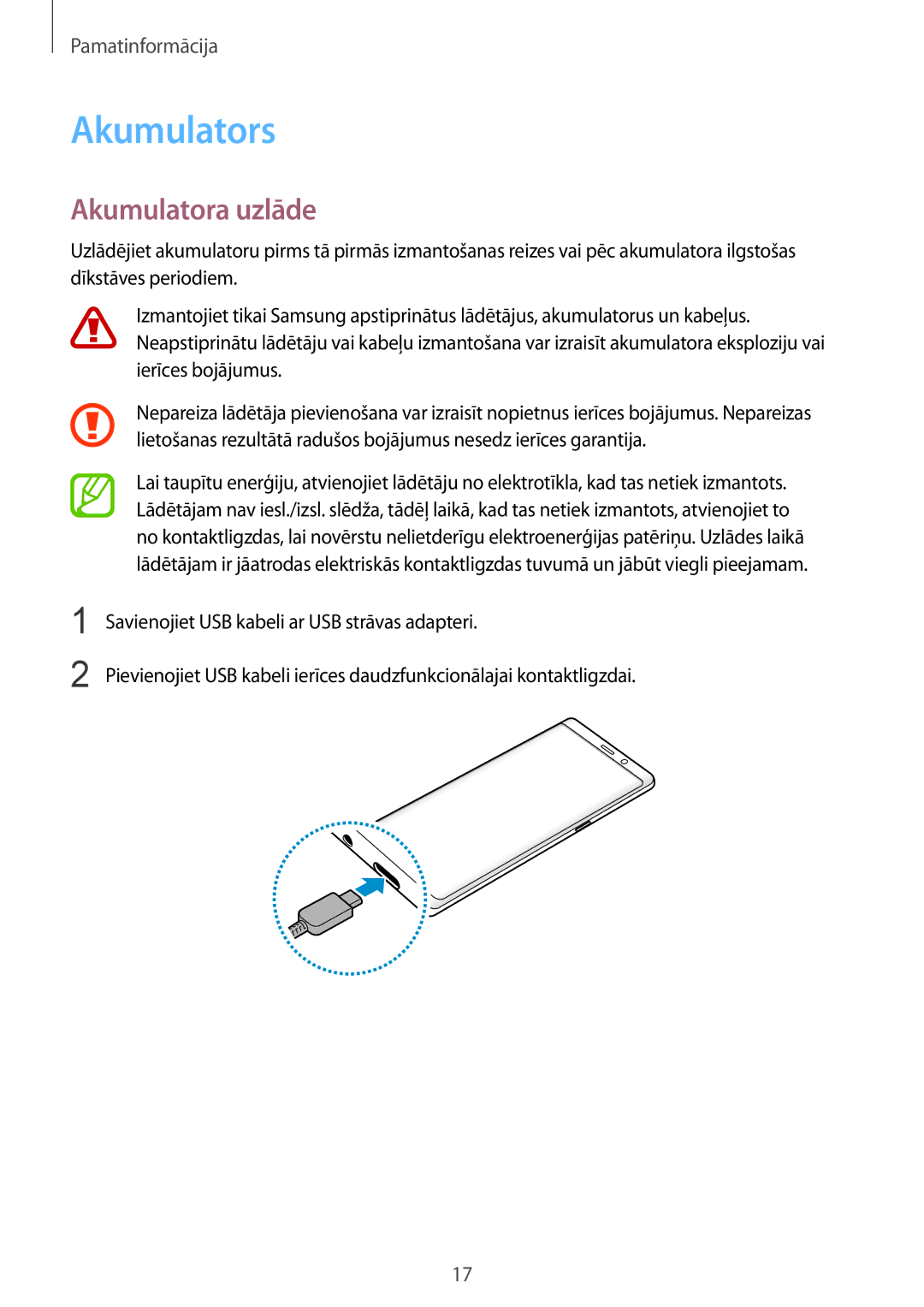 Samsung SM-N950FZDDSEB, SM-N950FZKDSEB manual Akumulators, Akumulatora uzlāde 