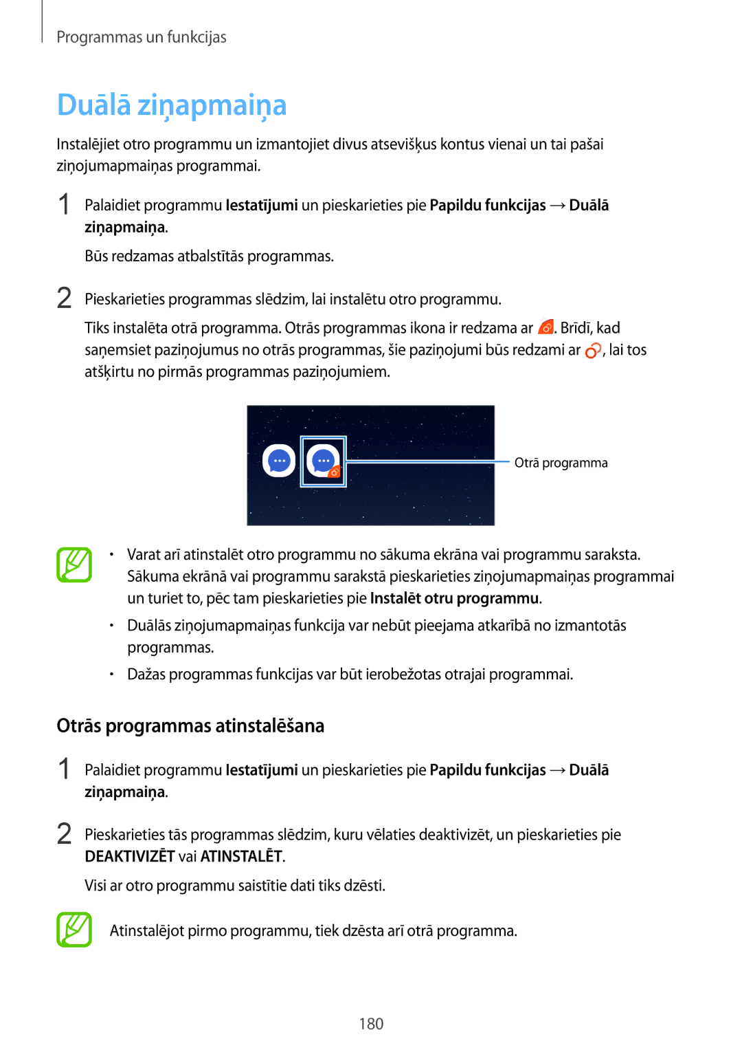 Samsung SM-N950FZKDSEB manual Duālā ziņapmaiņa, Otrās programmas atinstalēšana, Ziņapmaiņa, Deaktivizēt vai Atinstalēt 