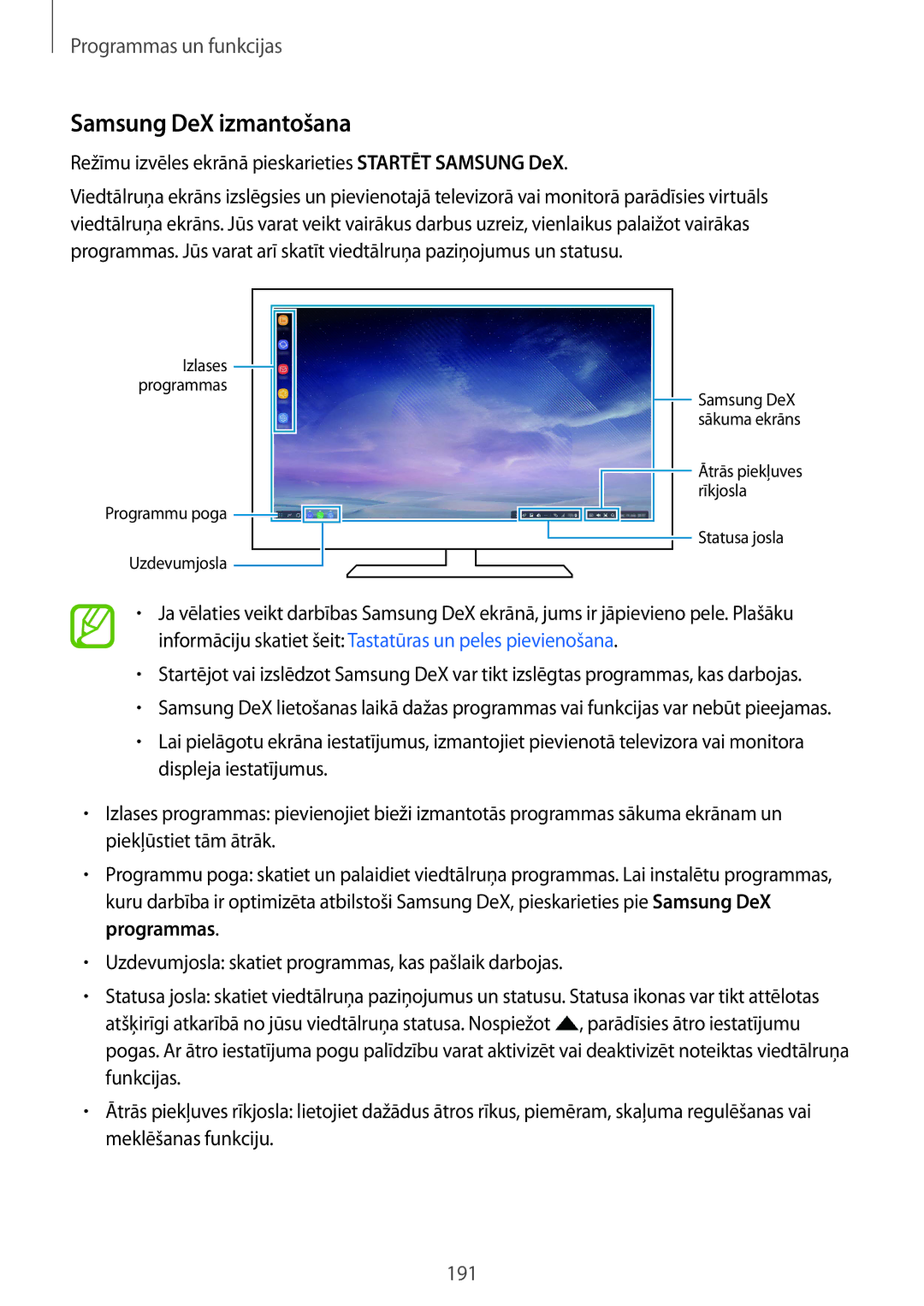 Samsung SM-N950FZDDSEB, SM-N950FZKDSEB Samsung DeX izmantošana, Režīmu izvēles ekrānā pieskarieties Startēt Samsung DeX 