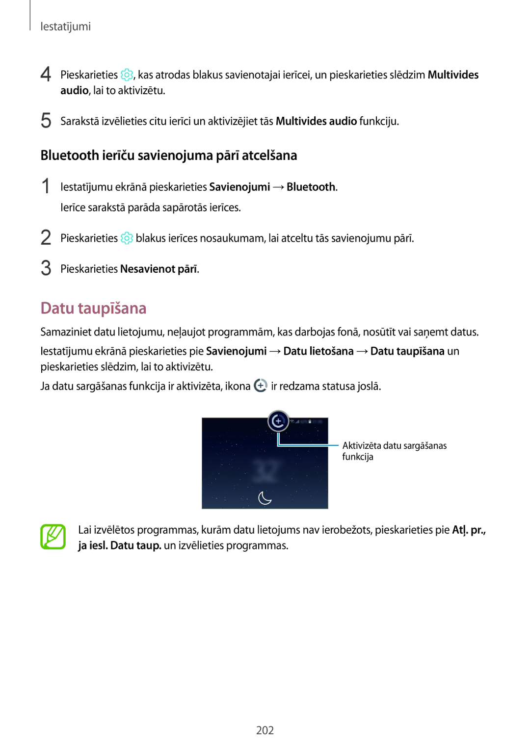 Samsung SM-N950FZKDSEB, SM-N950FZDDSEB manual Datu taupīšana, Bluetooth ierīču savienojuma pārī atcelšana 