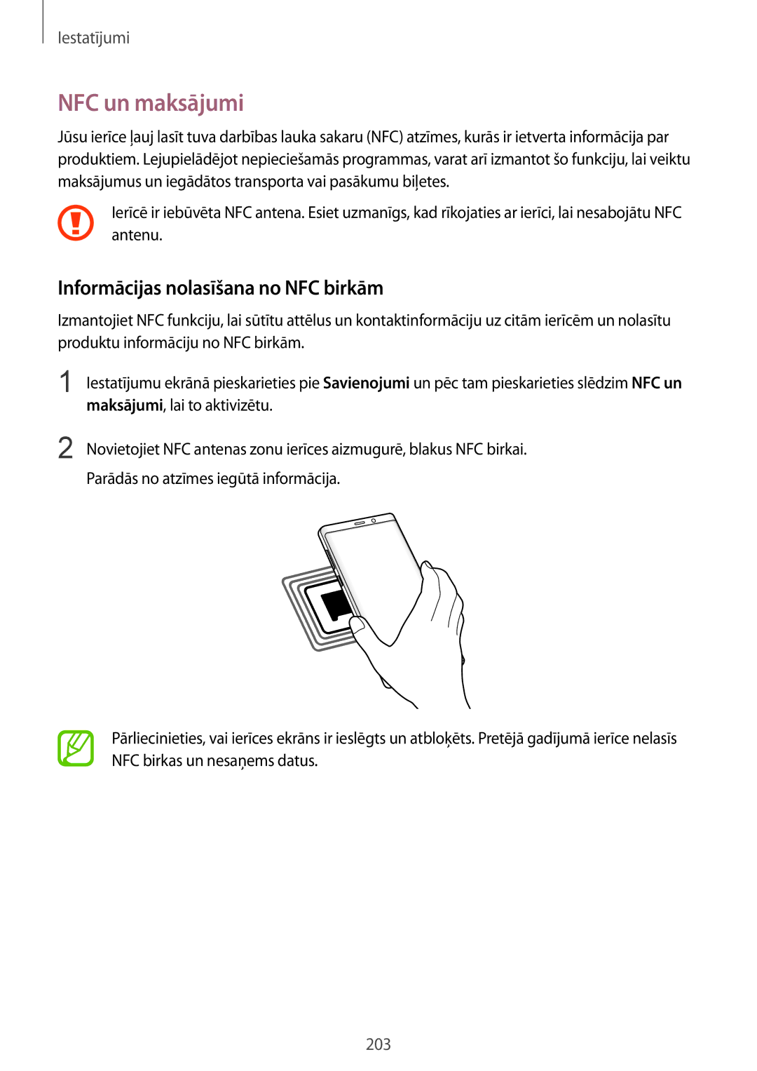 Samsung SM-N950FZDDSEB manual NFC un maksājumi, Informācijas nolasīšana no NFC birkām, Maksājumi, lai to aktivizētu 