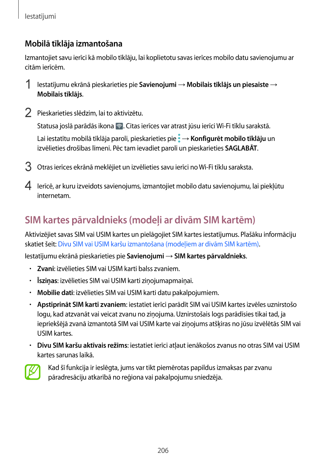 Samsung SM-N950FZKDSEB, SM-N950FZDDSEB manual SIM kartes pārvaldnieks modeļi ar divām SIM kartēm, Mobilā tīklāja izmantošana 