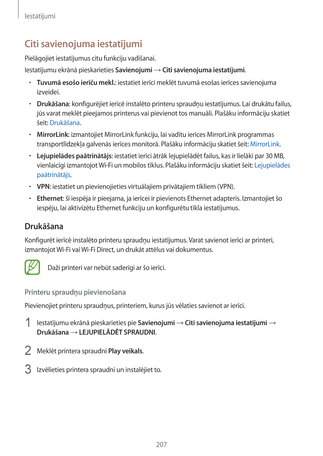 Samsung SM-N950FZDDSEB, SM-N950FZKDSEB manual Citi savienojuma iestatījumi, Drukāšana, Printeru spraudņu pievienošana 