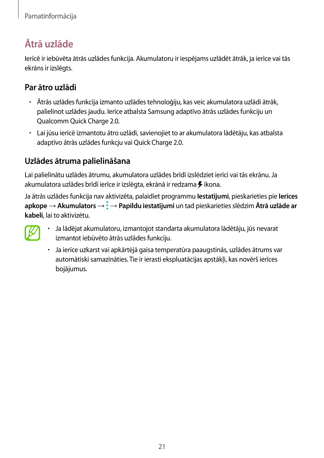 Samsung SM-N950FZDDSEB, SM-N950FZKDSEB manual Ātrā uzlāde, Par ātro uzlādi, Uzlādes ātruma palielināšana 