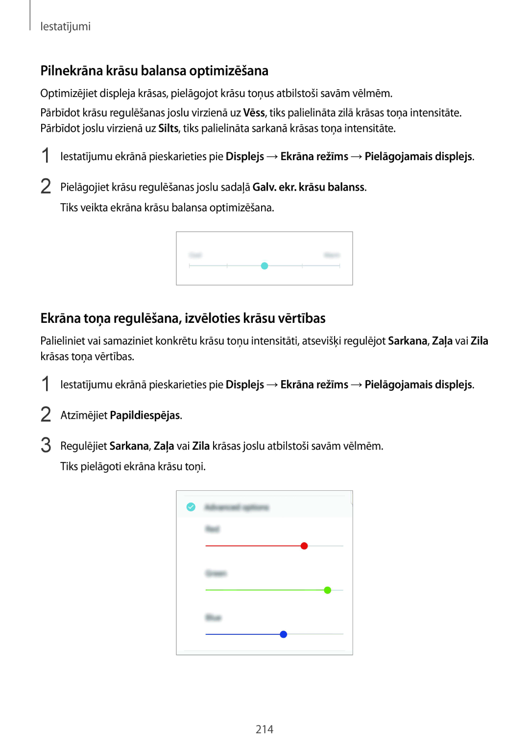 Samsung SM-N950FZKDSEB manual Pilnekrāna krāsu balansa optimizēšana, Ekrāna toņa regulēšana, izvēloties krāsu vērtības 