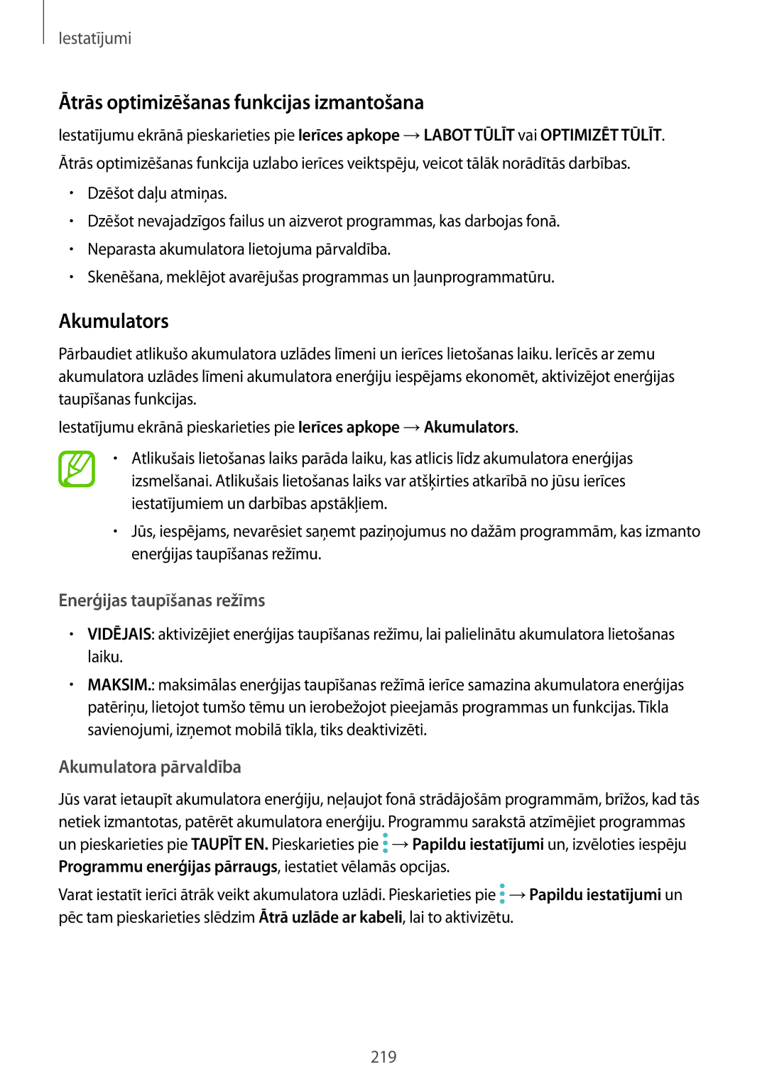 Samsung SM-N950FZDDSEB, SM-N950FZKDSEB Ātrās optimizēšanas funkcijas izmantošana, Akumulators, Enerģijas taupīšanas režīms 