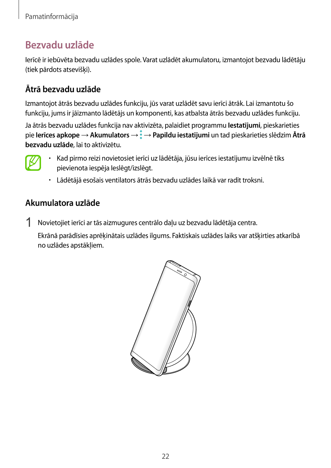 Samsung SM-N950FZKDSEB, SM-N950FZDDSEB manual Bezvadu uzlāde, Ātrā bezvadu uzlāde, Akumulatora uzlāde 