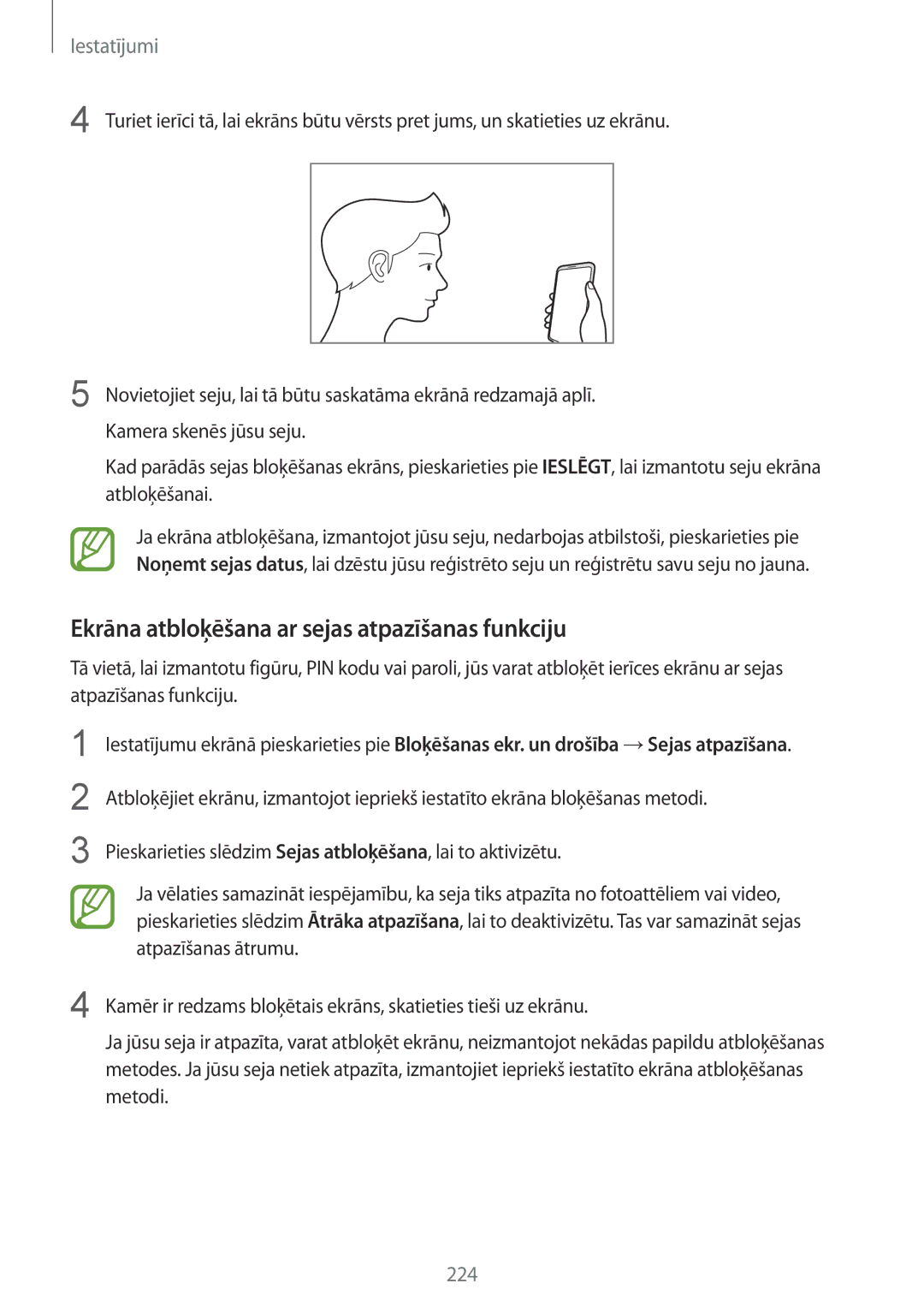 Samsung SM-N950FZKDSEB, SM-N950FZDDSEB manual Ekrāna atbloķēšana ar sejas atpazīšanas funkciju 