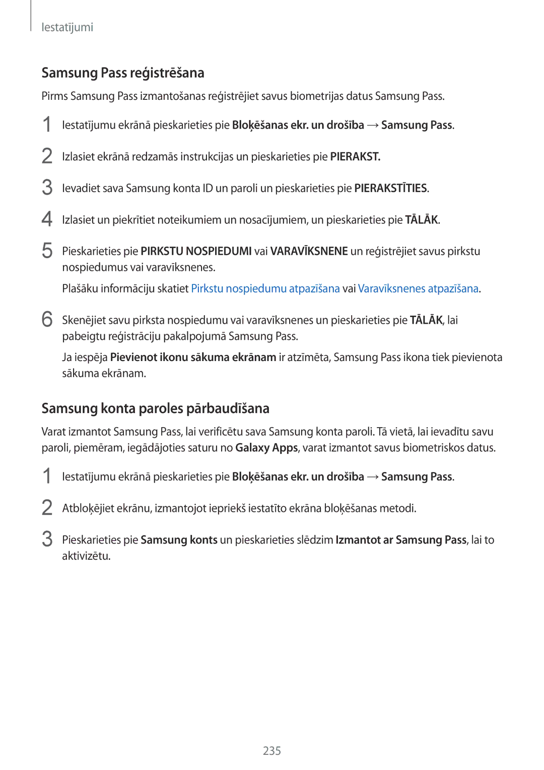 Samsung SM-N950FZDDSEB, SM-N950FZKDSEB manual Samsung Pass reģistrēšana, Samsung konta paroles pārbaudīšana 