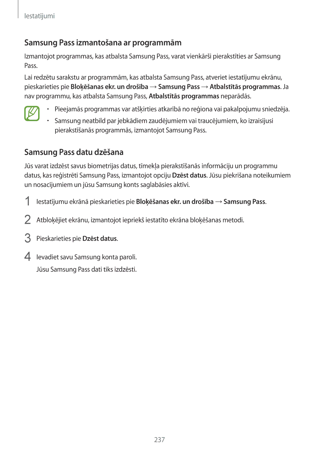 Samsung SM-N950FZDDSEB, SM-N950FZKDSEB manual Samsung Pass izmantošana ar programmām, Samsung Pass datu dzēšana 