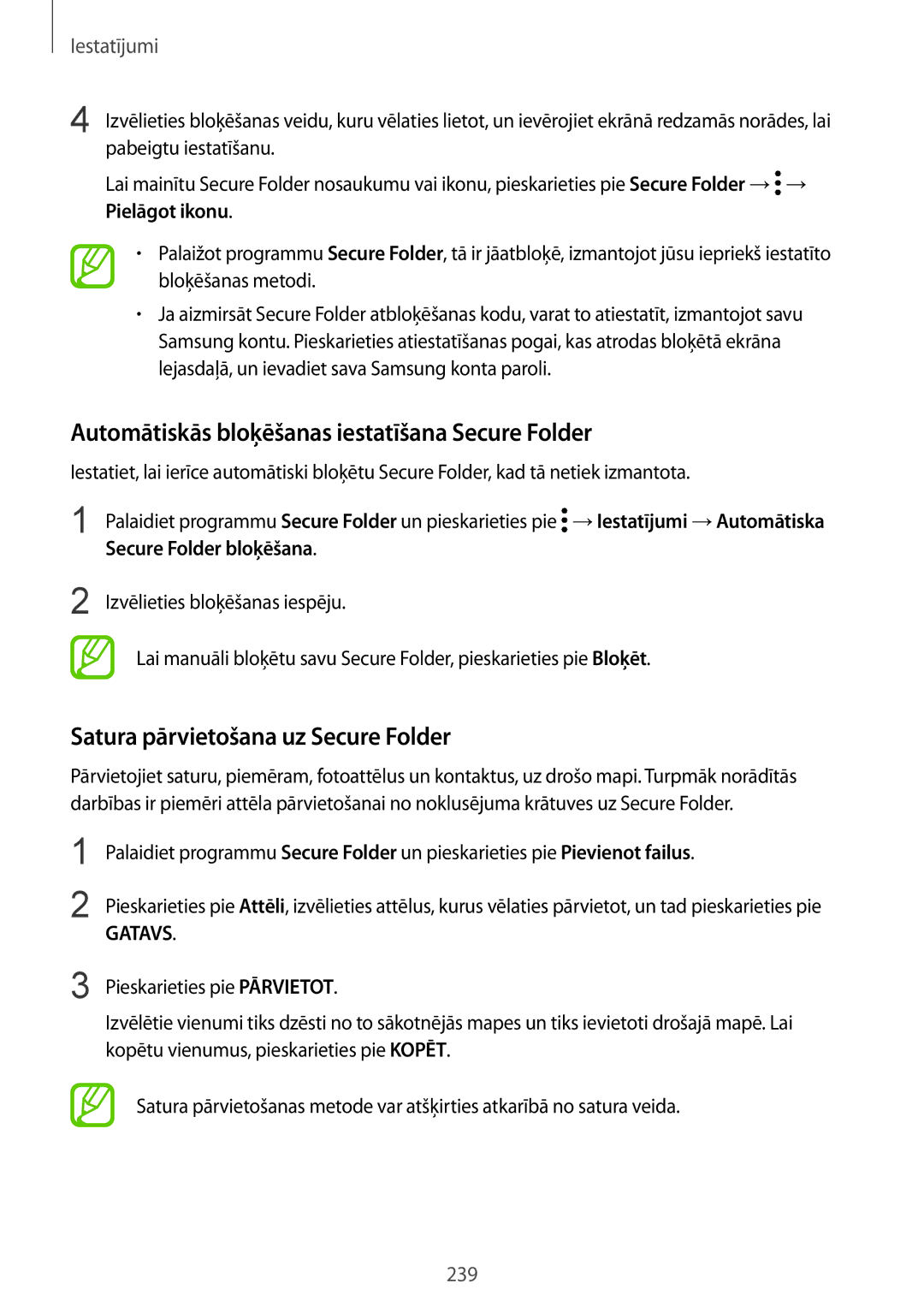 Samsung SM-N950FZDDSEB manual Automātiskās bloķēšanas iestatīšana Secure Folder, Satura pārvietošana uz Secure Folder 