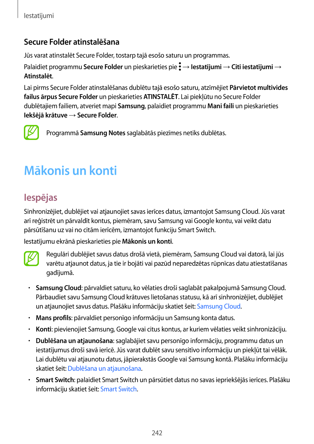 Samsung SM-N950FZKDSEB manual Mākonis un konti, Secure Folder atinstalēšana, Informāciju skatiet šeit Smart Switch 