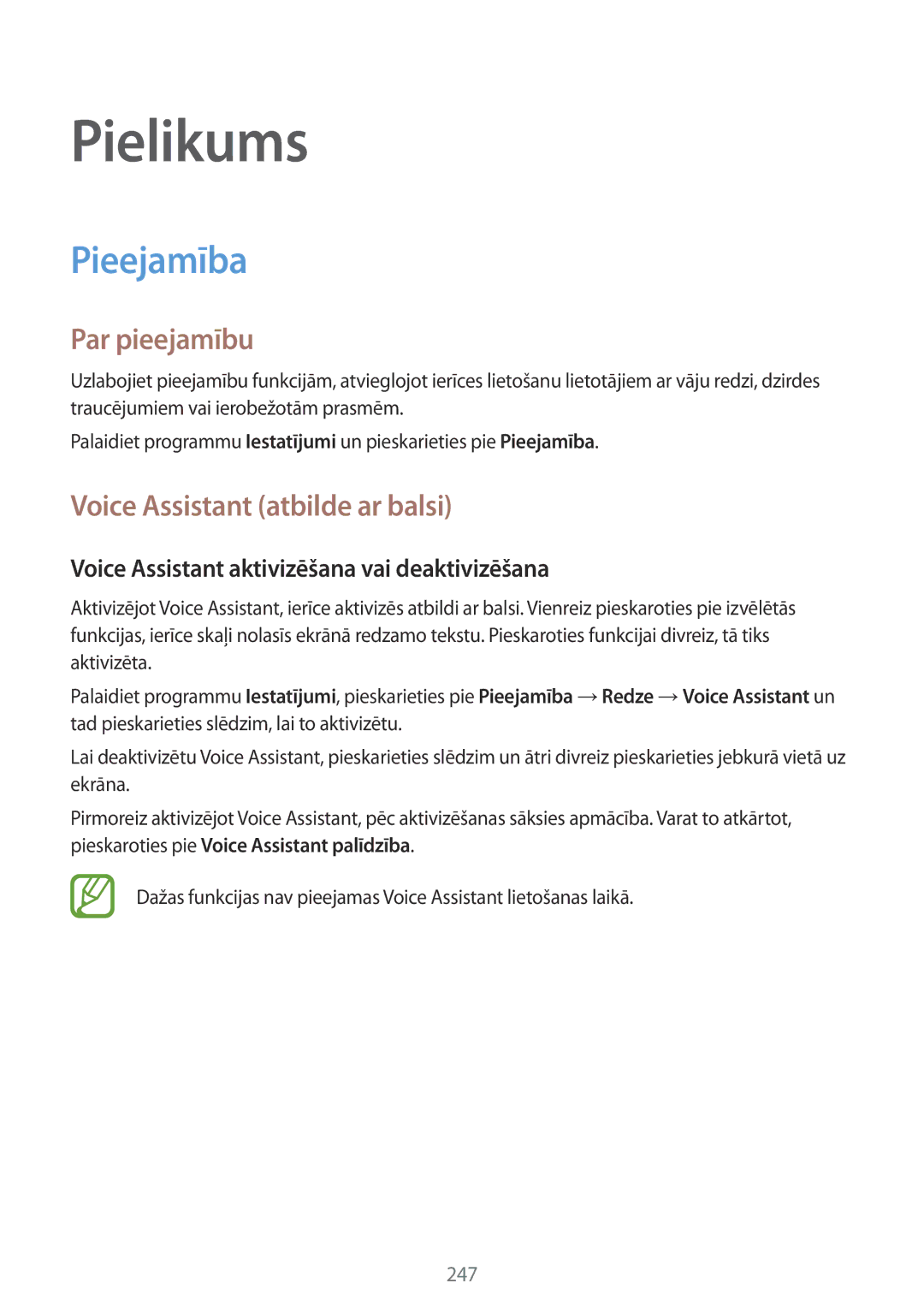Samsung SM-N950FZDDSEB Par pieejamību, Voice Assistant atbilde ar balsi, Voice Assistant aktivizēšana vai deaktivizēšana 