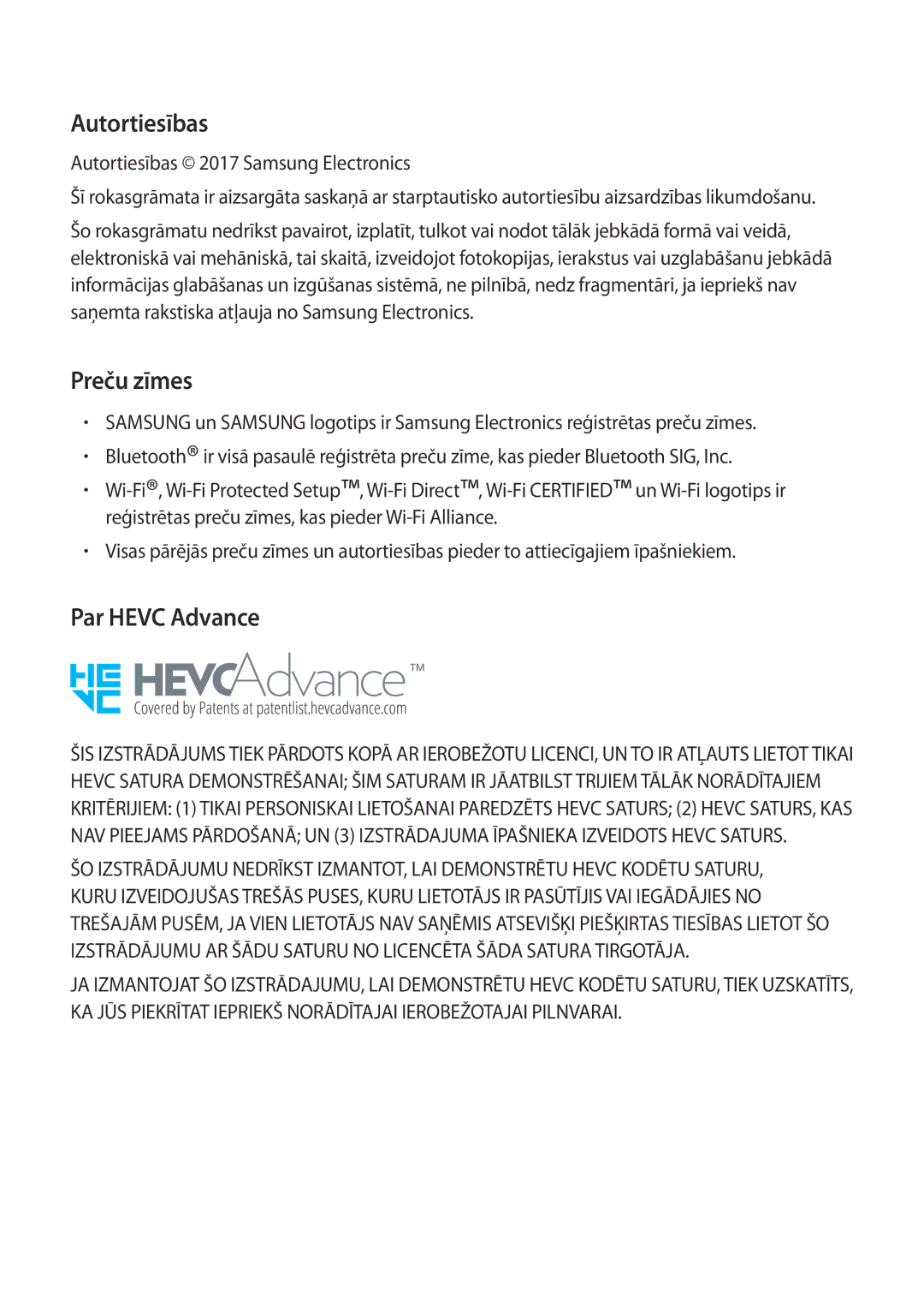 Samsung SM-N950FZDDSEB, SM-N950FZKDSEB manual Preču zīmes, Par Hevc Advance, Autortiesības 2017 Samsung Electronics 