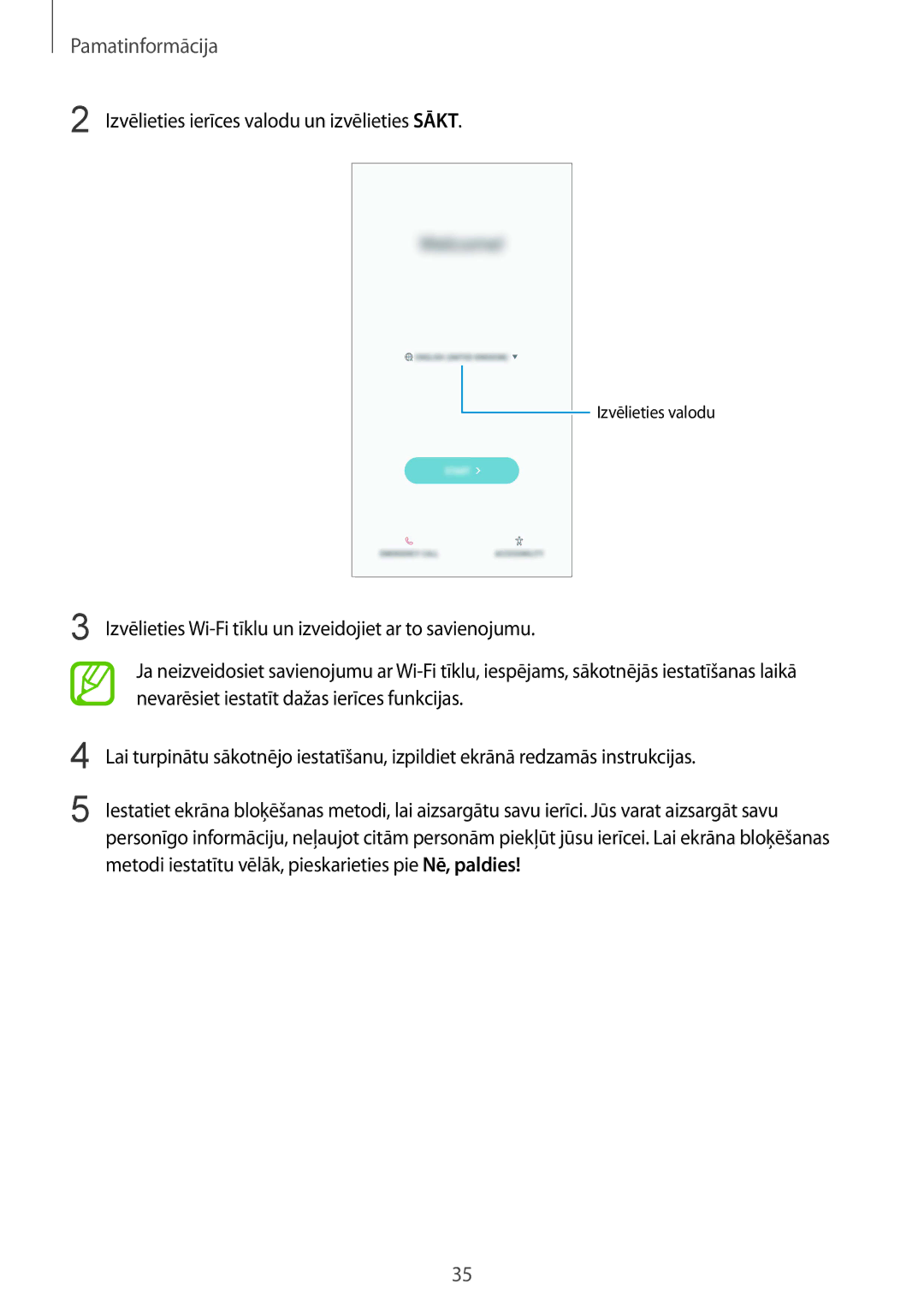 Samsung SM-N950FZDDSEB, SM-N950FZKDSEB manual Izvēlieties ierīces valodu un izvēlieties Sākt 