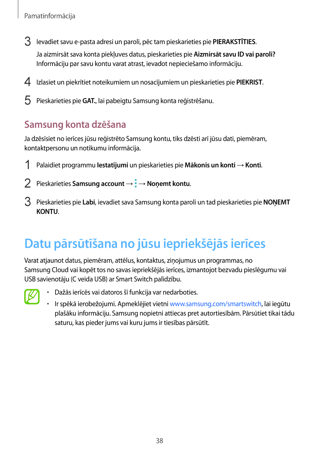 Samsung SM-N950FZKDSEB, SM-N950FZDDSEB manual Datu pārsūtīšana no jūsu iepriekšējās ierīces, Samsung konta dzēšana 