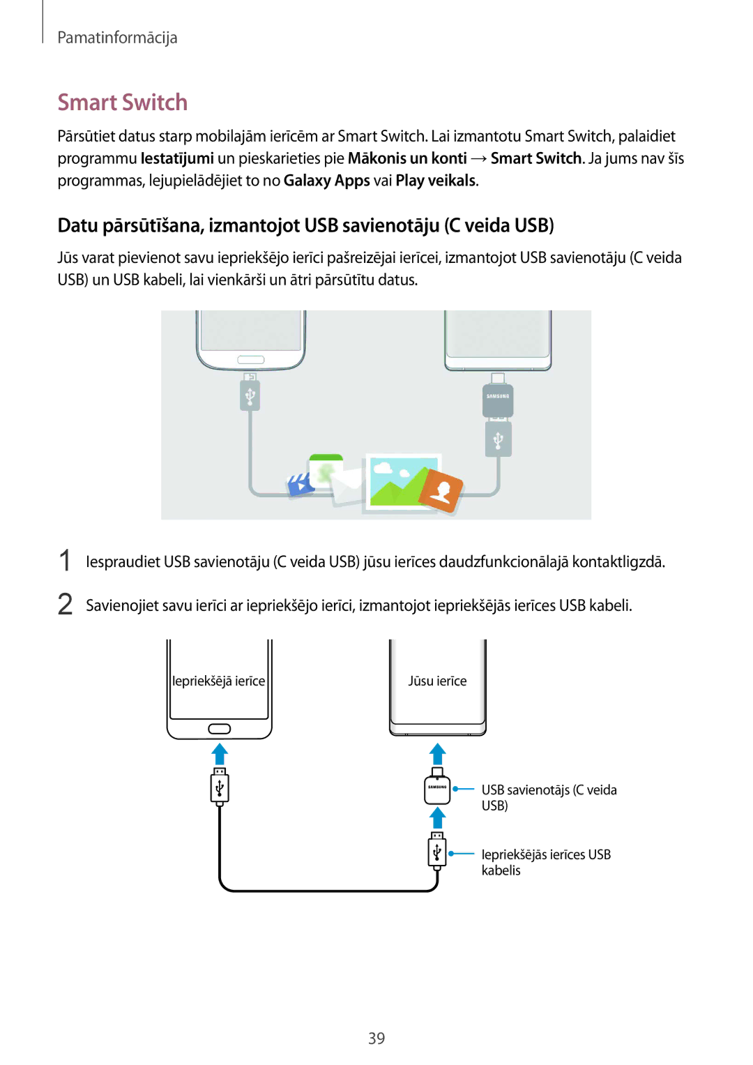 Samsung SM-N950FZDDSEB, SM-N950FZKDSEB manual Smart Switch, Datu pārsūtīšana, izmantojot USB savienotāju C veida USB 