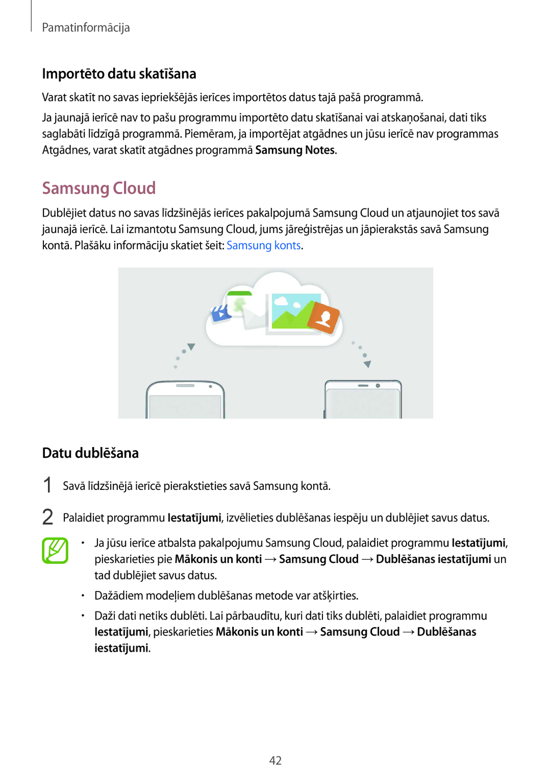 Samsung SM-N950FZKDSEB, SM-N950FZDDSEB manual Samsung Cloud, Importēto datu skatīšana, Datu dublēšana 