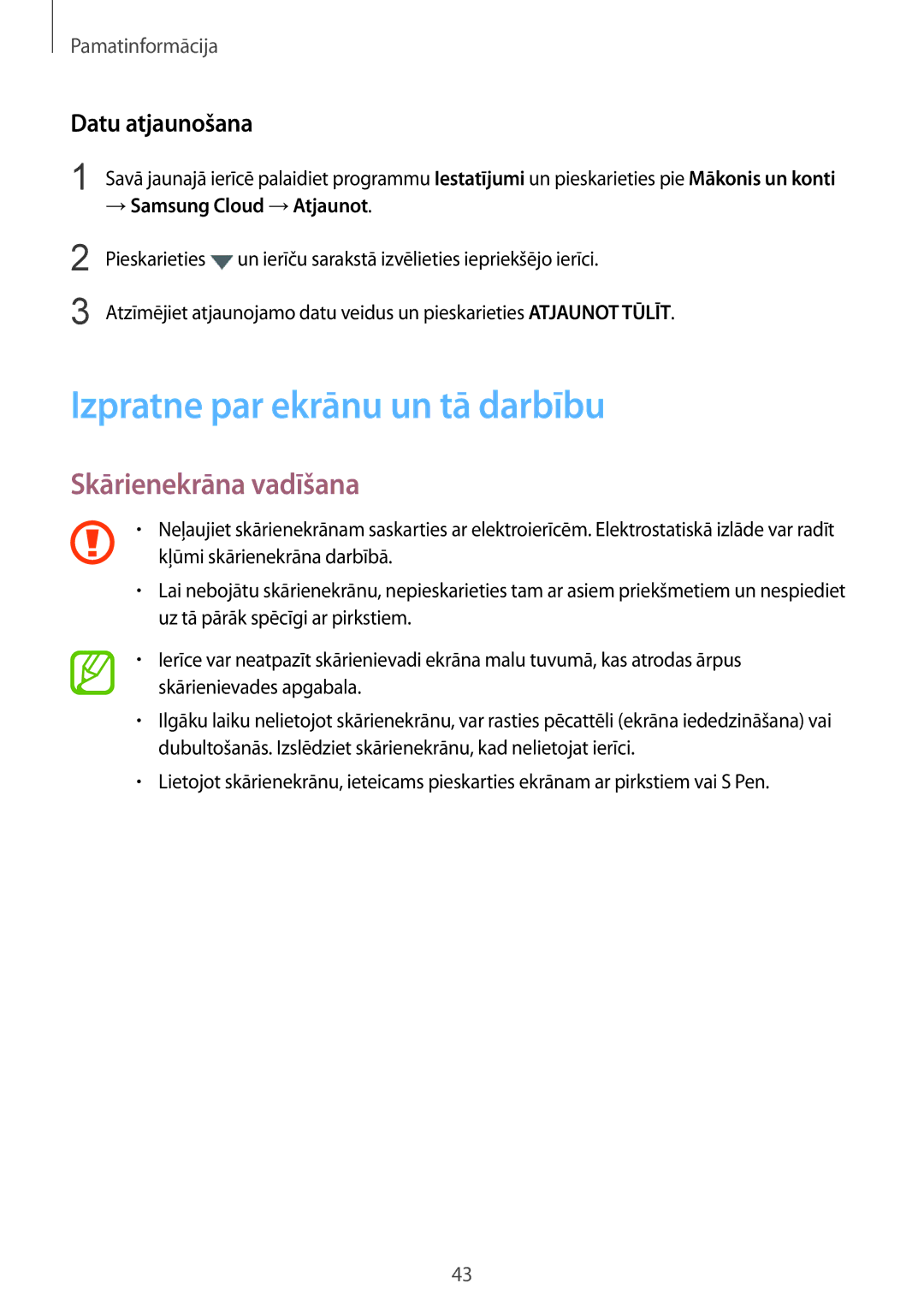 Samsung SM-N950FZDDSEB, SM-N950FZKDSEB manual Izpratne par ekrānu un tā darbību, Skārienekrāna vadīšana, Datu atjaunošana 