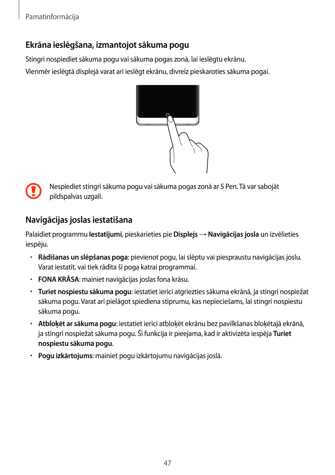 Samsung SM-N950FZDDSEB, SM-N950FZKDSEB manual Ekrāna ieslēgšana, izmantojot sākuma pogu, Navigācijas joslas iestatīšana 