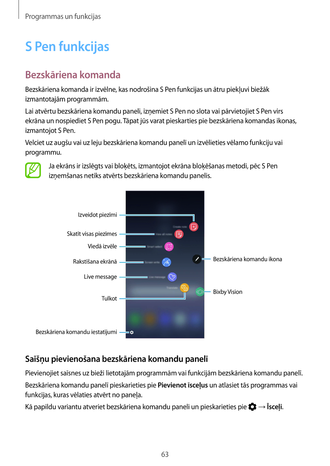 Samsung SM-N950FZDDSEB, SM-N950FZKDSEB Pen funkcijas, Bezskāriena komanda, Saīšņu pievienošana bezskāriena komandu panelī 