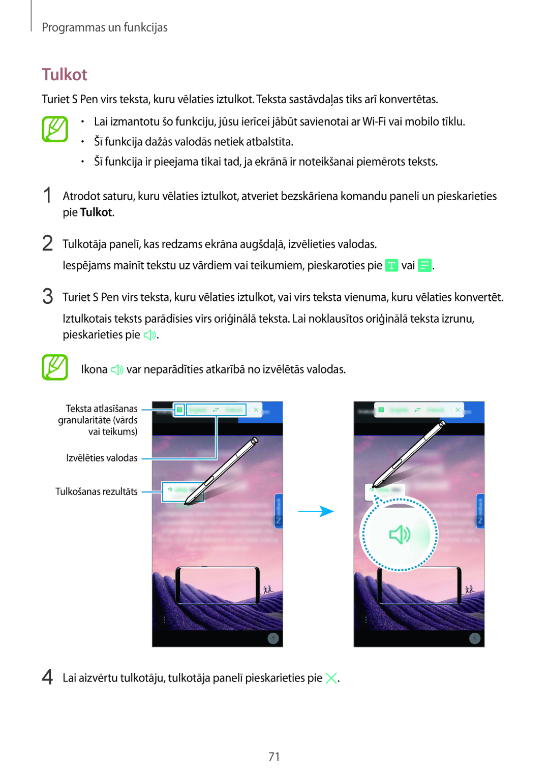 Samsung SM-N950FZDDSEB, SM-N950FZKDSEB manual Tulkot, Lai aizvērtu tulkotāju, tulkotāja panelī pieskarieties pie 