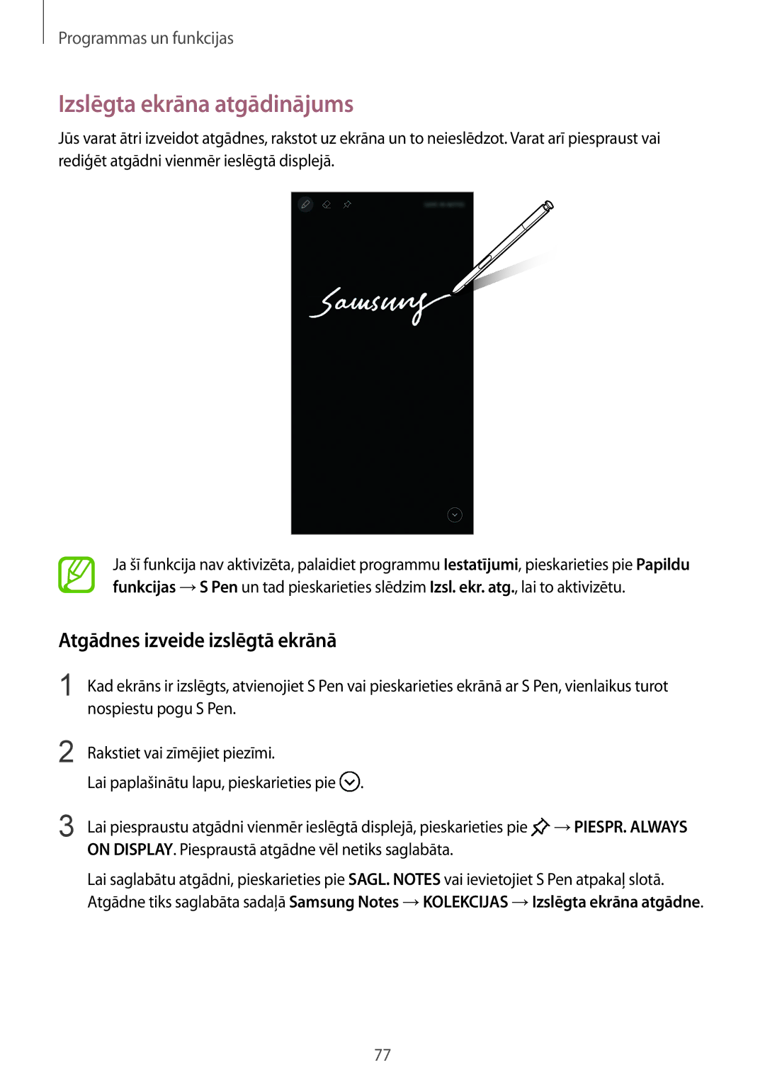 Samsung SM-N950FZDDSEB, SM-N950FZKDSEB manual Izslēgta ekrāna atgādinājums, Atgādnes izveide izslēgtā ekrānā 