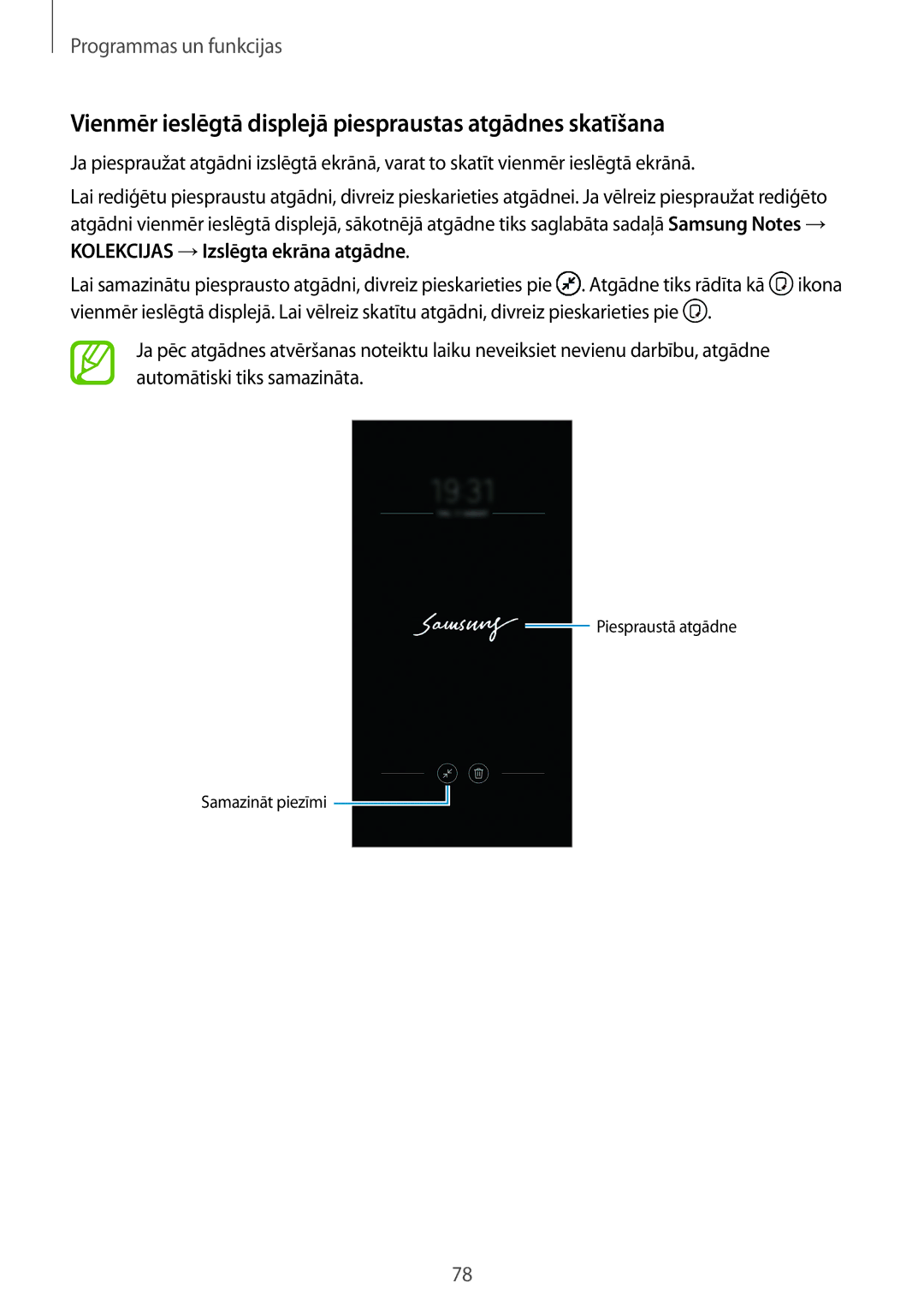 Samsung SM-N950FZKDSEB, SM-N950FZDDSEB manual Vienmēr ieslēgtā displejā piespraustas atgādnes skatīšana 