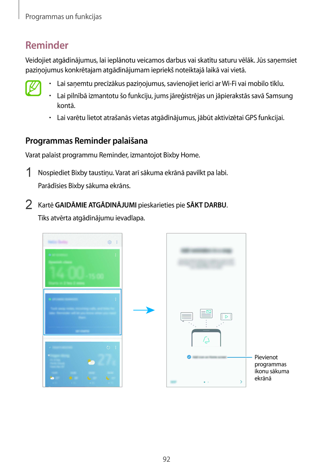 Samsung SM-N950FZKDSEB manual Programmas Reminder palaišana, Kartē Gaidāmie Atgādinājumi pieskarieties pie Sākt Darbu 