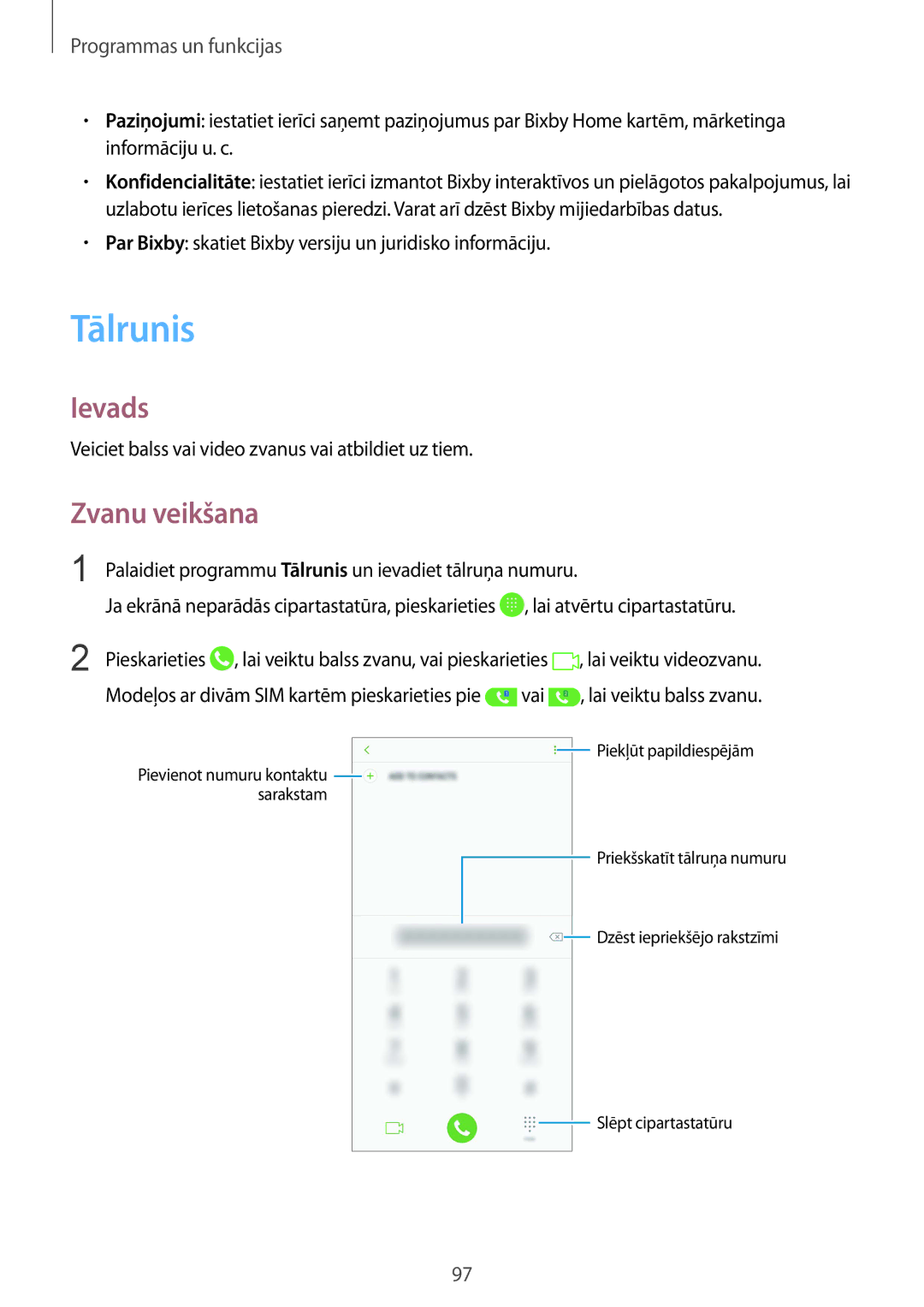 Samsung SM-N950FZDDSEB, SM-N950FZKDSEB Tālrunis, Zvanu veikšana, Par Bixby skatiet Bixby versiju un juridisko informāciju 