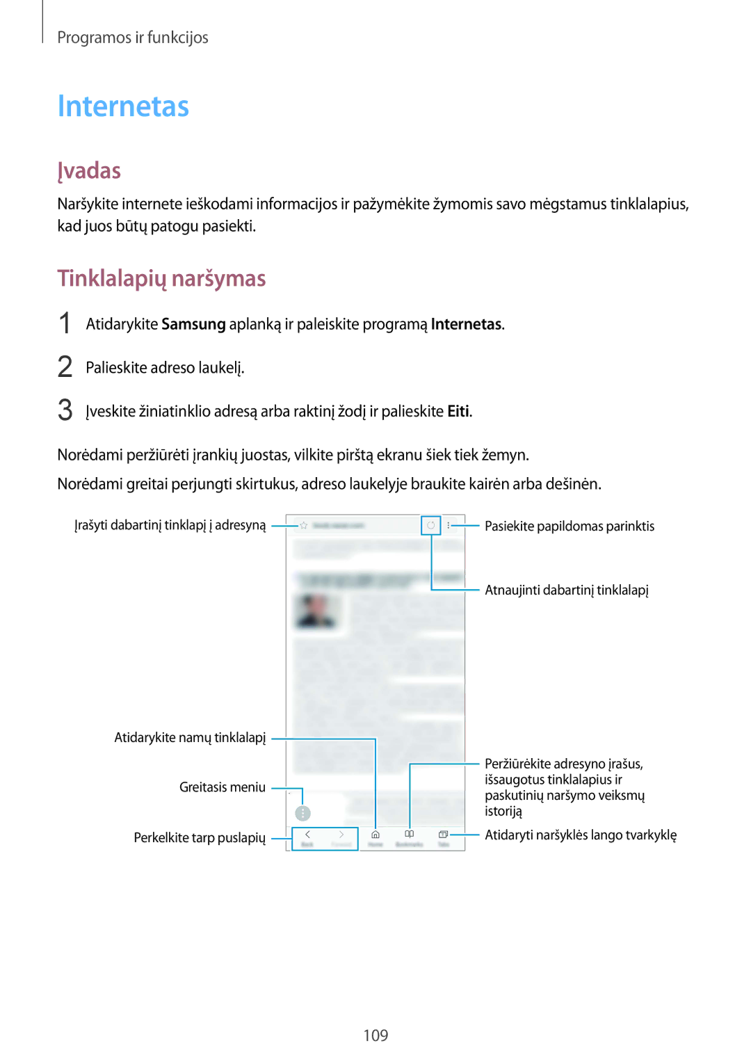 Samsung SM-N950FZDDSEB, SM-N950FZKDSEB manual Internetas, Tinklalapių naršymas 