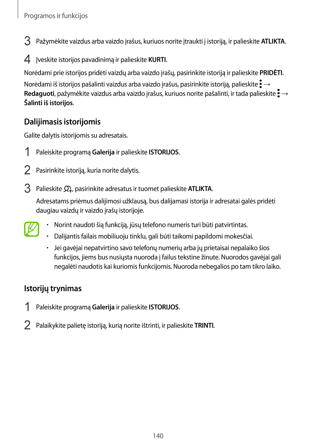 Samsung SM-N950FZKDSEB manual Dalijimasis istorijomis, Istorijų trynimas, Įveskite istorijos pavadinimą ir palieskite Kurti 