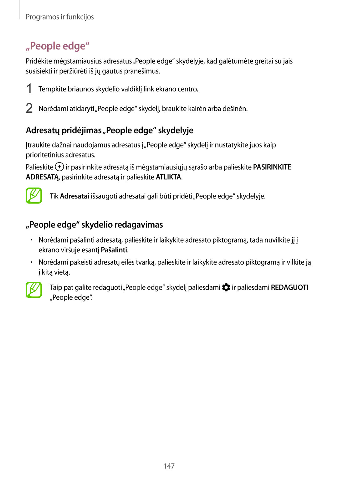 Samsung SM-N950FZDDSEB, SM-N950FZKDSEB Adresatų pridėjimas„People edge skydelyje, „People edge skydelio redagavimas 