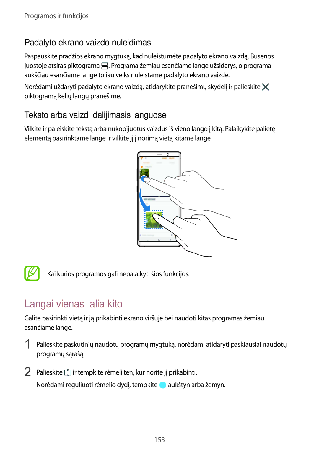 Samsung SM-N950FZDDSEB, SM-N950FZKDSEB manual Langai vienas šalia kito, Padalyto ekrano vaizdo nuleidimas 